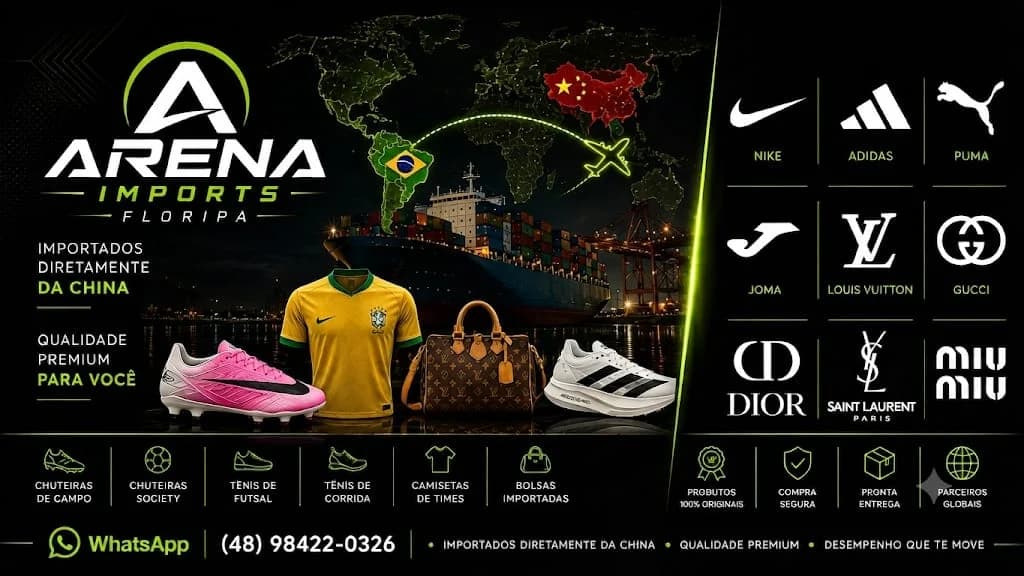 A arte da Arena Imports Floripa: importados direto da China, chuteiras de campo, society e futsal, tênis de corrida, camisetas de times, bolsas importadas e as marcas